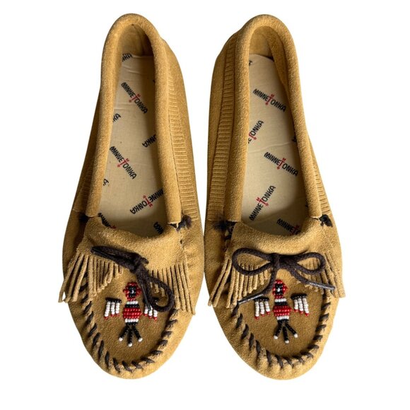 Minnetonka Womens Moccasins Suede Leather Tan Size 6.5 Beaded Fringe Slipper - Picture 1 of 5